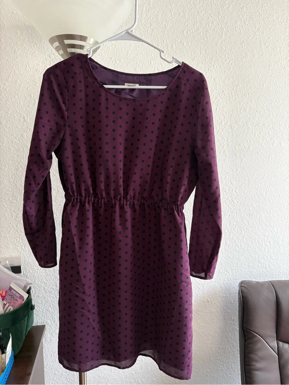 J.Crew Deep Plum Purple Polka Dot Long Sleeve Shift Dress Size 8 Petite